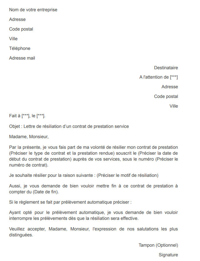 [Modèle] Lettre de résiliation d'un contrat de prestation de service